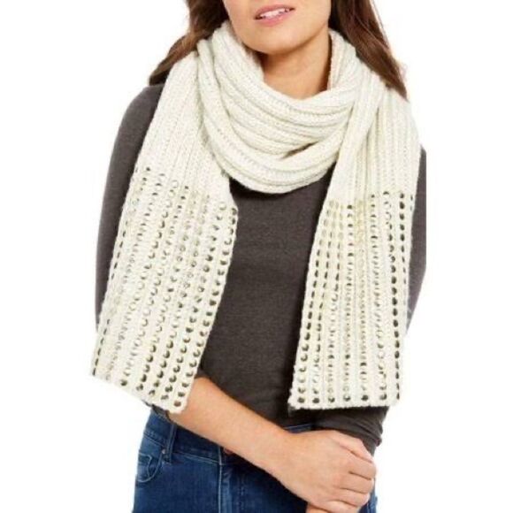 NWT DKNY Metallic Embellished Flat Stud Lurex Ribbed-Knit Wrap Scarf Gold OS, - Picture 1 of 6